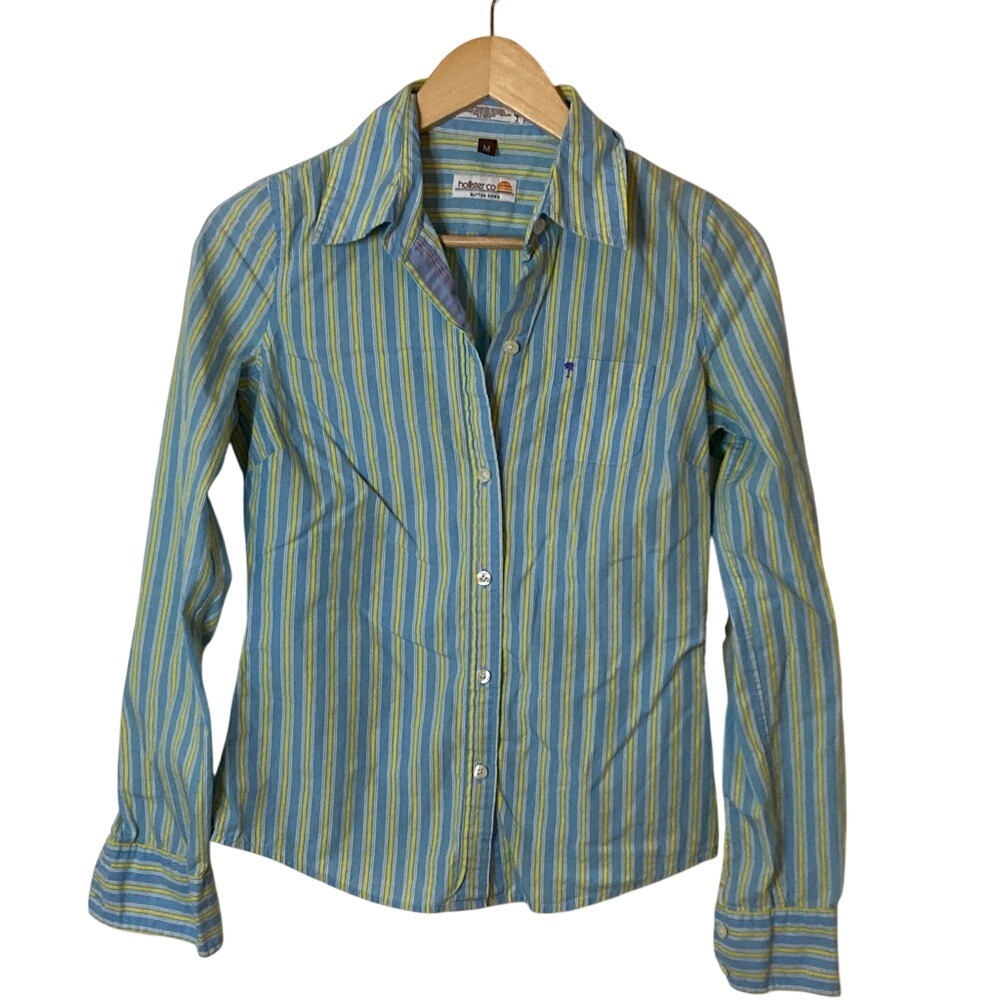 VTG Hollister Womens Blue Yellow Striped Button-Up Shirt Size M Classic Preppy
